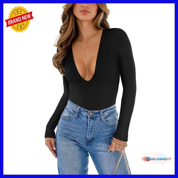 Long Sleeve Plunge V-Neck Bodysuit Double Lined Sexy Going Out Top